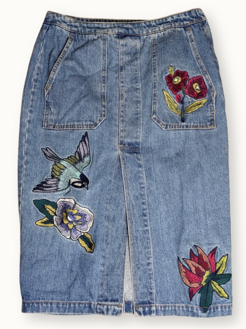 Honey Punch Embroidered Denim Midi Skirt Floral Bird Slit Boho